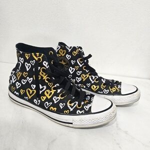 Converse All Star Hi in Gold and White Hearts design, Women's Size 8.